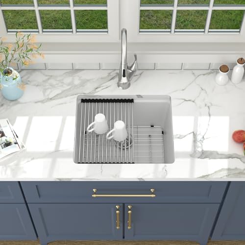 Lordear 21 Inch Granite Composite Bar Sink - 21"x18" Undermount Kitchen Sinks White Quartz Composite Sinks Single Bowl Under Counter Ledge Workstation Bar Prep RV Sink Basin - Image 3