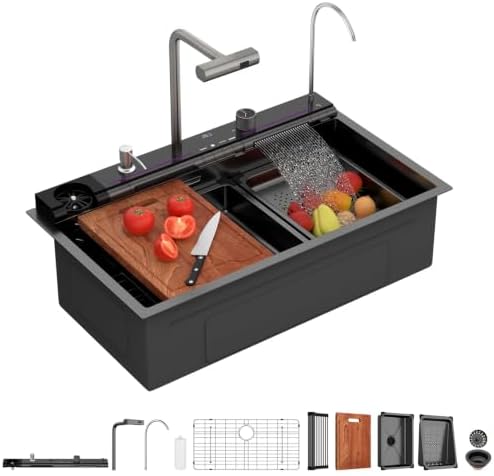 Lordear Drop In Kitchen Sink 33 inch Black Waterfall Sink T304 16 Gauge by LORDEAR