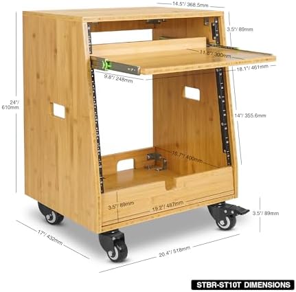 Sound Town DIY Slanted 10U Studio Rack (2U Top + 8U Lower) with Slide-Out Tray, 2U Bottom Storage & Casters, Solid Carbonized Bamboo Audio Equipment Rack for Recording Room & Home Studio (STBR-ST10T) - Image 5