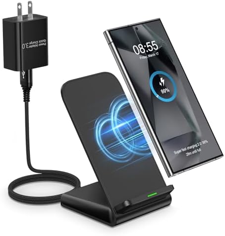 Android Wireless Charger Samsung for Samsung Galaxy S25FE S25 Plus S25 Edge S25 Ultra S24FE S23 S22, Android Desk Phone Charger Stand Fast Charging Station Pad for iPhone 17 Pro Max, with 18W Adapter by Flecom