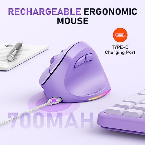 MEETION Ergonomic Wireless Vertical Mouse, Rechargeable, Purple - Image 7