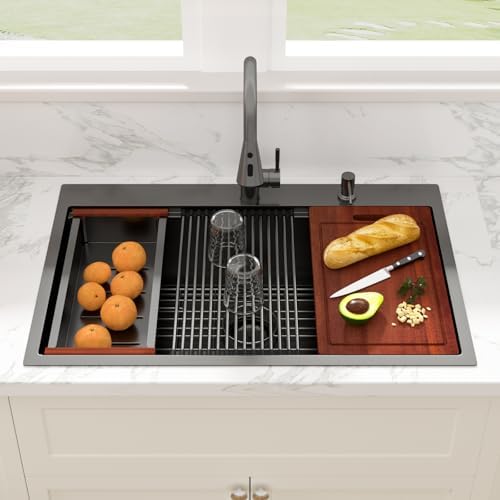 Sarlai 33 Black Kitchen Sink with Faucet- 33x22 Inch Drop In Kitchen Sink Gunmetal Black Ledge Workstation Sinks 16 Gauge Stainless Steel Single Bowl Topmount Sinks Basin with Pull-out Faucet - Image 2