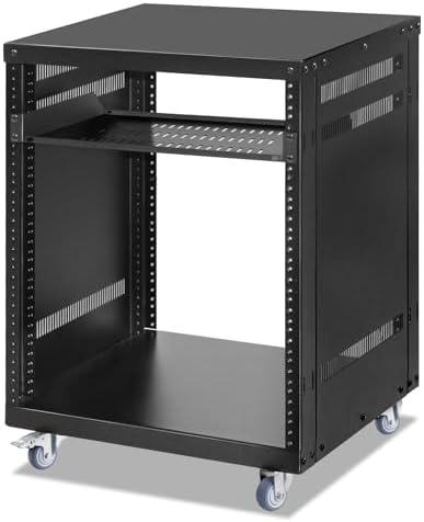 12U Rack with Caster Wheels, Heavy-Duty AV Rack with Adjustable Steel Shelf, Open Frame Server Rack for IT, AV, Data & Computer Equipment, 500lb Capacity, 19.7" W x 17.7" D x 26.8" H by EasyVibe