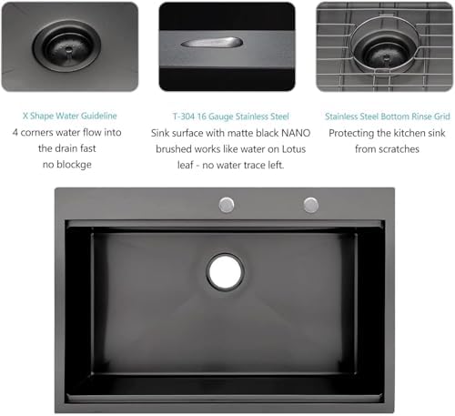 Lordear 33 Inch Black Drop in Kitchen Sink SUS304 16 Gauge Stainless Steel - Image 4