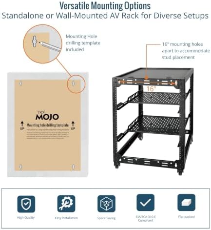 TECMOJO 16U Open Frame Network Rack for IT &AV Gear, AV Rack 4-Post with casters, Mobile 16U Rack with 2 PCS 1U Server Rack Shelf & Mounting Hardware, for 19" Network,Audio and Video Device - Image 5
