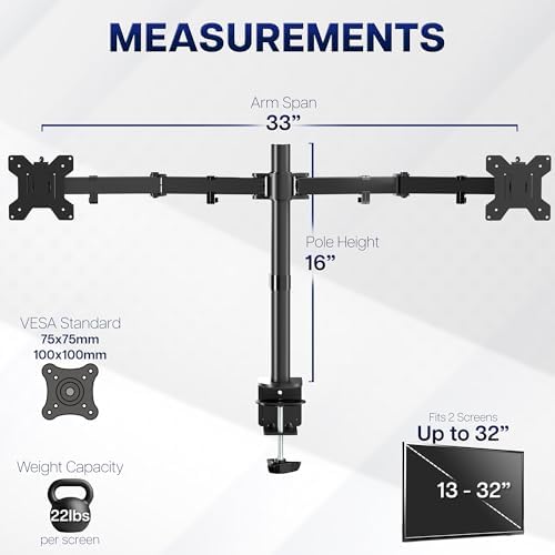 VIVO Dual Monitor Desk Mount, Heavy Duty Fully Adjustable Stand, Fits 2 LCD LED Screens up to 32 inches and 22 lbs Each, Black, STAND-V032 - Image 4