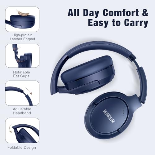 RUNOLIM Active Noise Cancelling Headphones, Wireless Bluetooth Over Ear (Blue) - Image 4