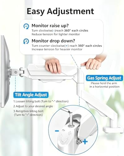 MOUNTUP Single Monitor Desk Mount Holds Screen up to 32 inch, Height Adjustable Monitor Arm, Full Motion Computer Monitors Stand with Clamp/Grommet Base, VESA Mounts Fit 4.4-19.8lbs Computer, White - Image 2