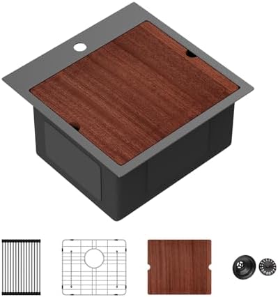 Sarlai Drop Bar Sink - 18 Inch Black Outdoor Kitchen Sink Gunmetal Black Drop In Workstation 18 x 18 Topmount Stainless Steel 16 Gauge Single Bowl Kitchen Bar Prep RV Outdoor Sinks Basin by Sarlai