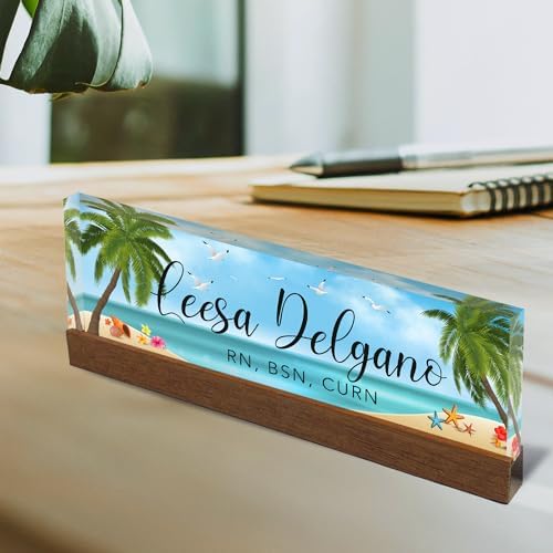 Artblox Personalized Office Desk Name Plate and Business Card Holder | Clear Acrylic Glass with Teak Wood Stand | Sand Beach Design Customized with Your Name and Credentials Office Desk Decor - Image 2
