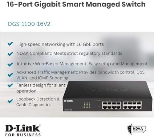 D-Link 16-Port Gigabit Smart Managed Ethernet Switch, L2, VLANs, Qos, IGMP Snooping, Sturdy Metal with Shielded Ports, Desktop/Rackmount, Fanless, NDAA/TAA, Lifetime Product Coverage (DGS-1100-16V2) - Image 2