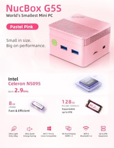GMKtec G5S Mini PC Intel N5095 8GB LPDDR4 128GB SSD Desktop Computer Pink - Image 2