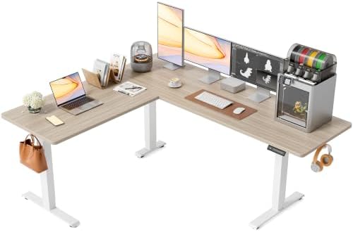 FEZIBO 75" x 63"L Shaped Standing Desk Adjustable Height, Electric Stand up Corner Computer Desk, Sit Stand Home Office Desk with Splice Board, Light Walnut Top/White Frame by FEZIBO