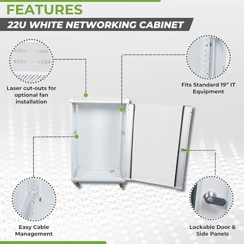 NavePoint 22U Network Cabinet with Glass Door – 22U Wall Mount Server Cabinet White 19” Rack for IT Equipment, AV Devices, Networking Equipment –23” Deep Server Rack Enclosure w/Wheels - Image 2