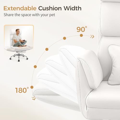 Big and Tall Office Chair 500LBS, Ergonomic High Back Leather Executive Chair, Reclining Swivel with Adjustable Armrests Lumbar Support Footrest, Cross Legged, White - Image 6