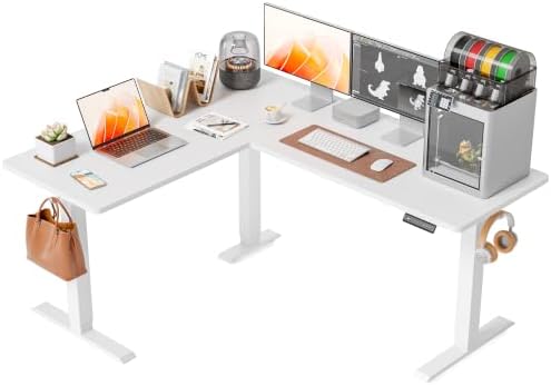 FEZIBO 63" x 55" L-Shaped Standing Desk - Adjustable Corner Desk L Shape, L-Shaped Adjustable Desk with Splice Board, L Shape Standing Desk, White by FEZIBO