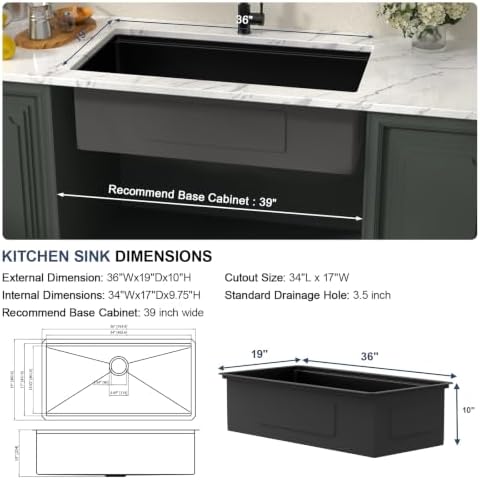 Lordear 36 Inch Black Undermount Kitchen Sink Workstation SUS304 16 Gauge - Image 5