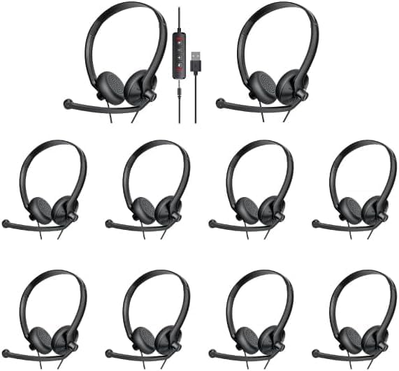 FEABASK USB Headset with Microphone for PC - Lightweight Wired Computer Headset with Microphone for Home Office Online Class Skype Zoom Meetings,in Line Mute Controls(10pcs) by FEABASK