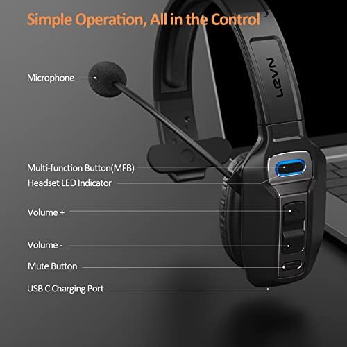 LEVN Bluetooth Headset with Microphone, Trucker Bluetooth Headset with AI Noise Cancelling & Mute Button, Wireless On-Ear Headphones 65 Hrs Working Time, for Trucker Home Office Remote Work Zoom - Image 6