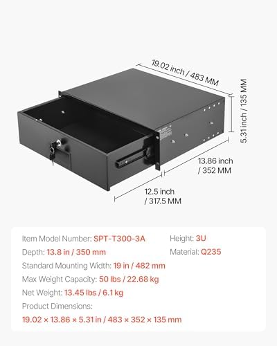 VEVOR 3U Rack Drawer, Lockable Server Cabinet Case, 13.8'' Depth Server Rack Mount Drawer, for 19'' Network Equipment/DJ/AV Rack or Cabinet Enclosure, 50 lbs Max Load, with Cable Management Holes - Image 7