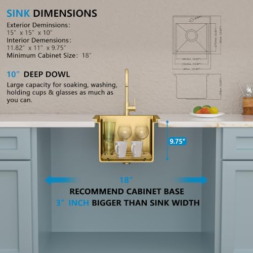 15"x15" Gold Bar Prep Sink Drop In Workstation with Faucet Combo - Image 5