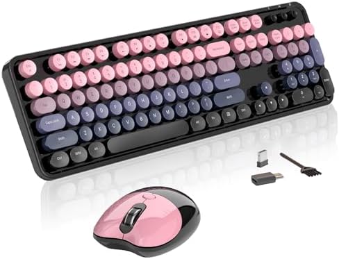 Wireless Keyboard and Mouse, MOFII 104 Round Keycaps Retro Typewriter with OTG & Brush, Full-Size Ergonomic, Ideal for Windows PC, Home, Office and College Peach Pink by MOFII