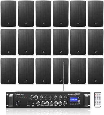 Sound Town Commercial Restaurant Bluetooth Amplifier + Surface-Mount Speaker Set, with One 6-Zone 70V/100V Amplifier with Bluetooth, 18 x 6.5-Inch Surface-Mount Speakers, Black (STCA600X18TV6B) by SOUNDTOWN