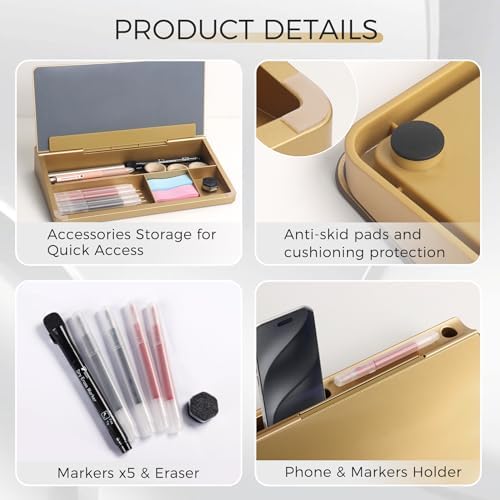 TOWON Compact Glass Desktop Whiteboard with Storage 12x7 in, Metallic Gold - Image 3
