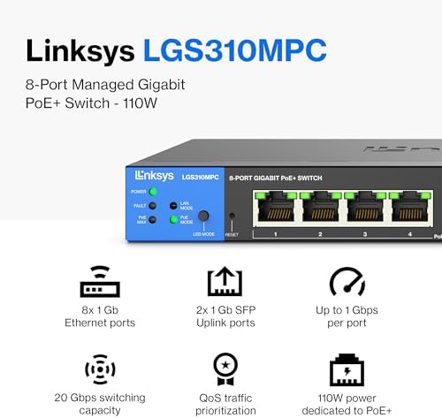 Linksys LGS310MPC 8 Port Gigabit Network PoE+ Switch @ 110W with 2 Uplink Gigabit SFP Slots - Advanced Security, QoS, Static Routing, VLAN, IGMP Features - Metal Housing, Desktop / Wall Mount - Image 2