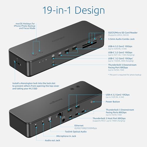Kensington EQ Pro Thunderbolt™ 5 Dock Designed for MacBook, Optimized for M-Series Pro/Max Models, 140W PD, 80Gbps Data Transfer, Built-in and Lockable PCle M.2 SSD Slot for Quick Storage K33612NA - Image 6