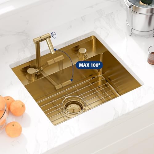 Sarlai Outdoor Sink, 21x19 Inch Gold Undermount Kitchen Sink Workstation with Foldable Faucet Bar Prep Single Bowl Gold Kitchen Sinks16 Gauge Stainless Steel BBQ Sinks with Cover 21"x19"x9“ - Image 2