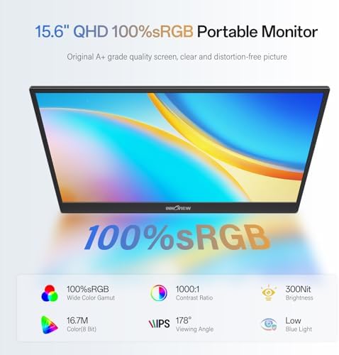 InnoView 2K Portable Monitor 15.6" QHD 100% sRGB, Built-in 180° Adjustable Stand Travel Monitor USB C Standard HDMI Ultra-Slim Portable Monitor for Laptop MacBook Phone PS5 Xbox Switch - Image 2