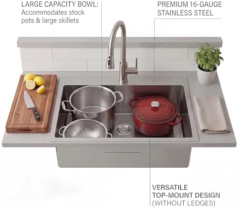 VAPSINT 33x22 Drop In Kitchen Sink, 33 Inch Stainless Steel Top Mount Single Bowl Sink for Kitchen, Overmount Handmade 16 Gauge Brushed Nickel RV Laundry Prep Sinks with Drain - Image 5