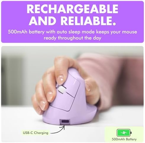 X9 Performance Wireless Vertical Ergonomic Mouse - (BT + 2.4Ghz) - Click in Comfort - Up to 4000 DPI, 6 Button, Rechargeable - Bluetooth Ergonomic Vertical Mouse Wireless - for Mac and PC - Purple - Image 7