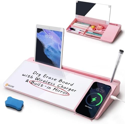 SELEAD Desktop Glass Whiteboard with Wireless Charger and Mirror, Pink by SELEAD