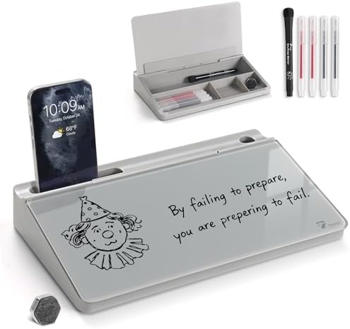 TOWON Compact Glass Desktop Whiteboard with Storage 12x7 in, Gray by TOWON