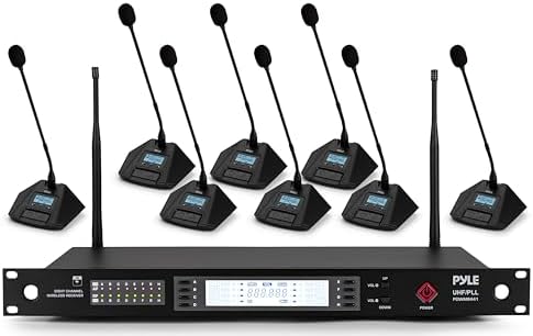 Pyle 8 Channel UHF Wireless Conference Microphone System with 8 Gooseneck Mics, 300 Ft Range, Selectable Frequencies & Rack Mount Receiver for Meetings, Presentations & Events by PyleUSA