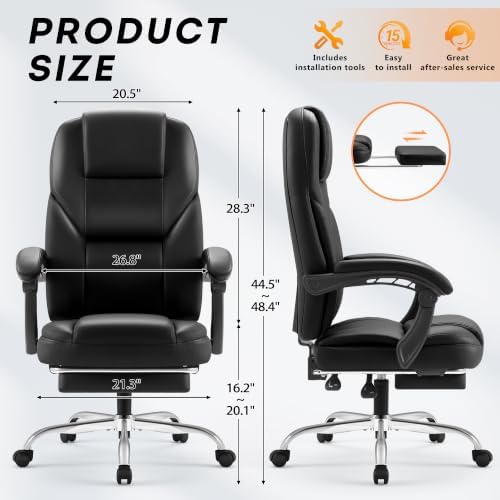 Furmax Massage Office Chair with Foot Rest Executive Big and Tall Office Chair Ergonomic Home Office Desk Chairs, Reclining High Back Leather Chair with Lumbar Support, 400LBS (Black) - Image 3