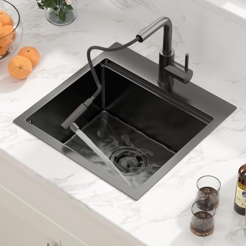 Sarlai Drop Bar Sink - 18 Inch Black Outdoor Kitchen Sink with Pull-out Faucet Gunmetal Black Drop In Workstation 18 x 18 Topmount Stainless Steel 16 Gauge Single Bowl Bar Prep RV Outdoor Sinks Basin - Image 4