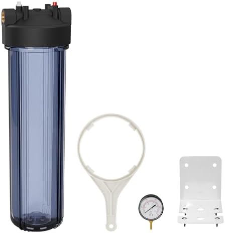 Max Water Whole House 20" x4.5" Purple Clear WH Water Filter Housing 1 inch Inlet/Outlet Ports with Pressure Gauge Wrench and Bracket (1 Housing + 1 Pressure Gauge) by MaxWater