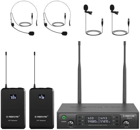 Phenyx Pro Dual UHF Auto Scan Headset/Lapel Wireless Microphones PTU-71-2B by PhenyxPro