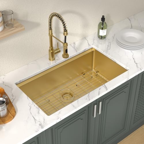 Lordear Gold Undermount Kitchen Sink 33" x 19" Stainless Steel Sinks 16 Gauge Single Bowl Ledge Workstation Handmade Under Counter Kitchen Sink Basin with Built-In Accessories - Image 3