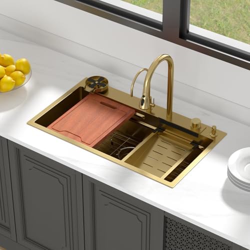 Lordear Waterfall Sink 33 Inch Gold Drop In Kitchen Sink Single Bowl - Image 3