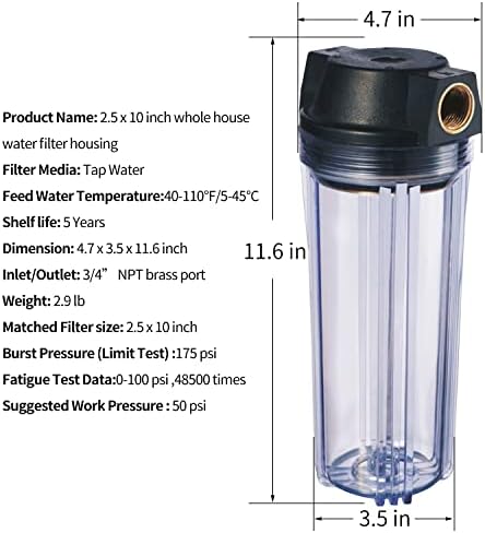 Geekpure 10-Inch Whole House Slim Water Filter Housing with Pressure Relief Valve - 3/4" NPT Brass Port-Fit for 2.5" x 10" Filters-Clear Pack of 3 - Image 3