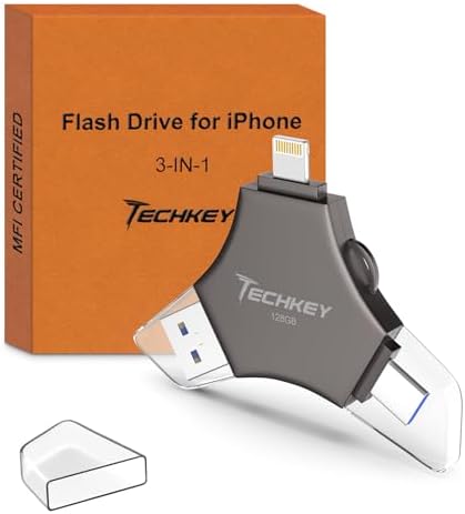 MFi Certified USB 3.0 Flash Drive 128GB for iPhone, 3in1 External Memory Photo Keeper Storage Stick for Picture/Video/Data Saver/Backup, High Speed Floppy & Tape Drives for iPad/Android/PC (Black) by Techkey