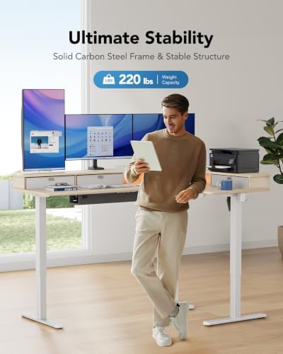 HUANUO 65″ L Shaped Standing Desk with 3 Drawers, Adjustable, Natural Wood - Image 5