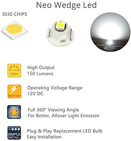 WLJH 10x White T4.7/T5 Neo Wedge 3030SMD Chip 12mm Base Led Car Instrument Cluster Dashboard Gauge Bulb HVAC AC Heater Climate Control Lamps Switch Indication Interior Light Replacement - Image 4