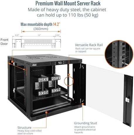 Tecmojo 9U Wall Mount Rack with Thermostat, 17.7inch Depth Enclosed Server Cabinet with 2 Cooling Fans,Lockable Door & Hardware,9U Rack for 19inch Equipments,Glass Door - Image 4