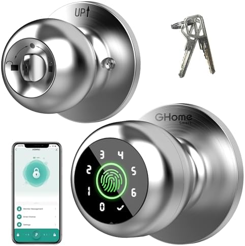 GHome Smart Fingerprint Door Lock, 4 in 1 Smart Fingerprint Door Knob with Keypad, App Control, Auto Lock, Biometric Door Knob with Lock for Bedroom, Apartment, Garage, Home & Office by GhomeSmart