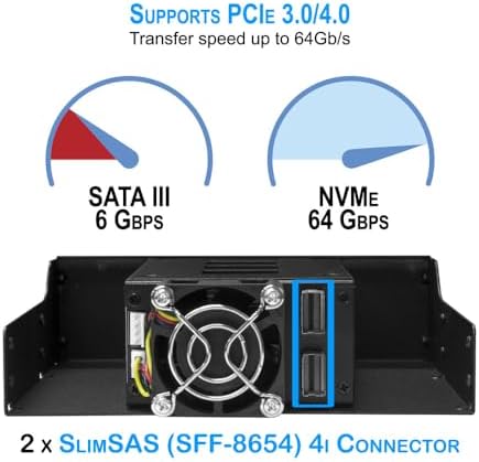 Kingwin 5.25" Bay Backplane Mobile Rack Enclosure for 2 x 2.5 U.2/U.3 NVMe SSDs, SlimSAS Connectivity, Hot-Swap Tray, Tool-Free Installation, Durable Metal Build, High-Speed Storage Solution - Image 4